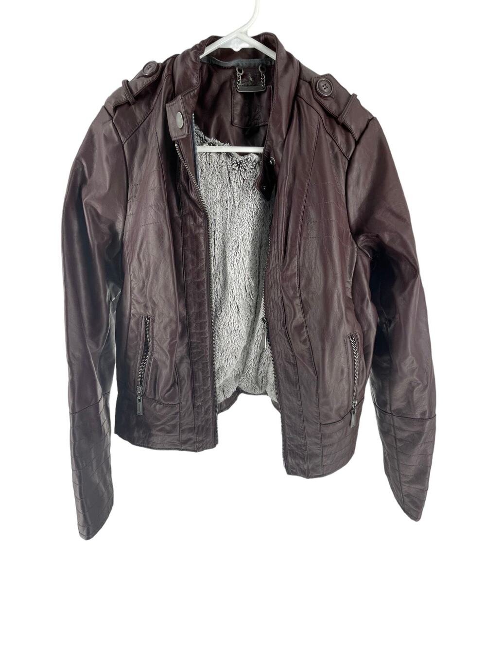 L2 Burgundy Faux Leather Faux Fur Lined Full Zip Moto Jacket Women's Size Small
